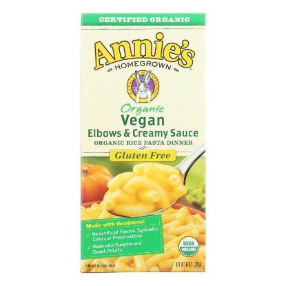 Annie's Homegrown Organic Gluten Free Vegan Elbows and Creamy Sauce Rice Pasta Dinner - Case of 12 - 6 oz.