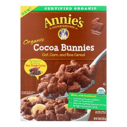 Annie's Homegrown Organic Cocoa Bunnies Oat with Corn and Rice Cereal - Case of 10 - 10 oz.