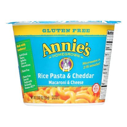 Annie's Homegrown Gluten Free Rice Pasta and Cheddar Microwavable Mac and Cheese Cup - Case of 12 - 2.01 oz.