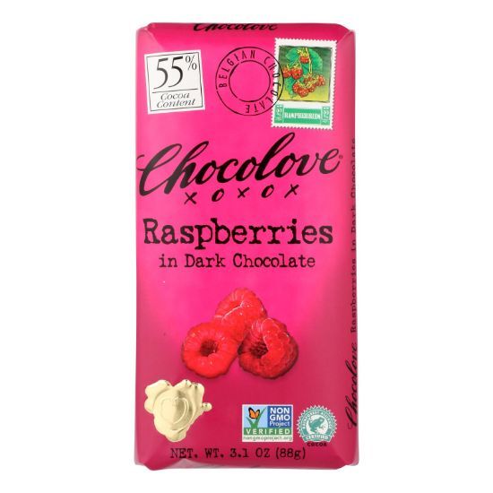 Chocolove Xoxox - Premium Chocolate Bar - Dark Chocolate - Raspberries - 3.1 oz Bars - Case of 12