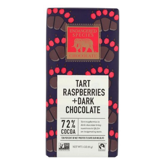 Endangered Species Natural Chocolate Bars - Dark Chocolate - 72 Percent Cocoa - Raspberries - 3 oz Bars - Case of 12