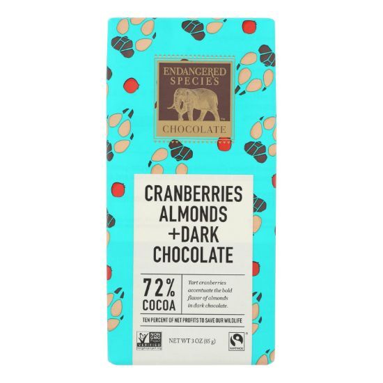 Endangered Species Natural Chocolate Bars - Dark Chocolate - 72 Percent Cocoa - Cranberries and Almonds - 3 oz Bars - Case of 12