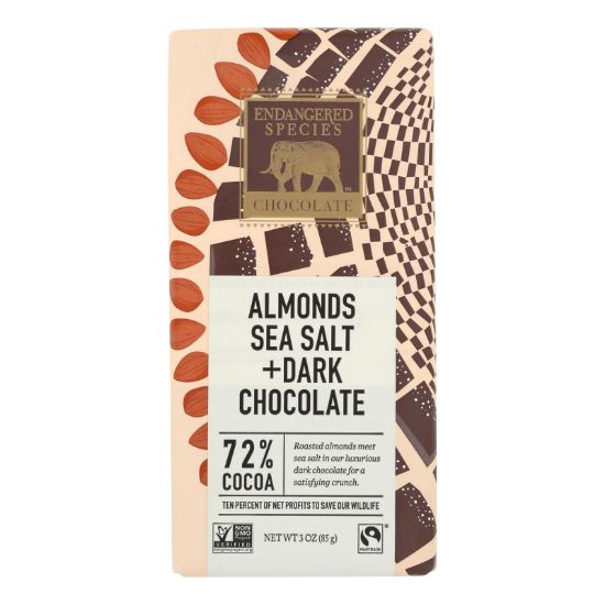 Endangered Species Natural Chocolate Bar - Dark Chocolate - 72 Percent Cocoa - Sea Salt and Almonds - 3 oz Bars - Case of 12