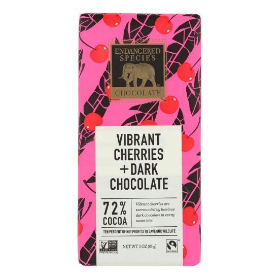 Endangered Species Natural Chocolate Bars - Dark Chocolate - 72 Percent Cocoa - Cherries - 3 oz Bars - Case of 12