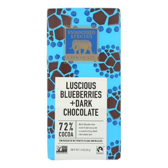 Endangered Species Natural Chocolate Bars - Dark Chocolate - 72 Percent Cocoa - Blueberries - 3 oz Bars - Case of 12