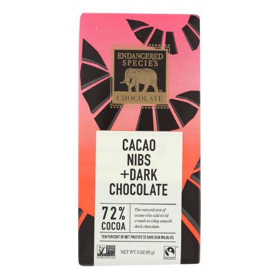 Endangered Species Natural Chocolate Bars - Dark Chocolate - 72 Percent Cocoa - Cacao Nibs - 3 oz Bars - Case of 12