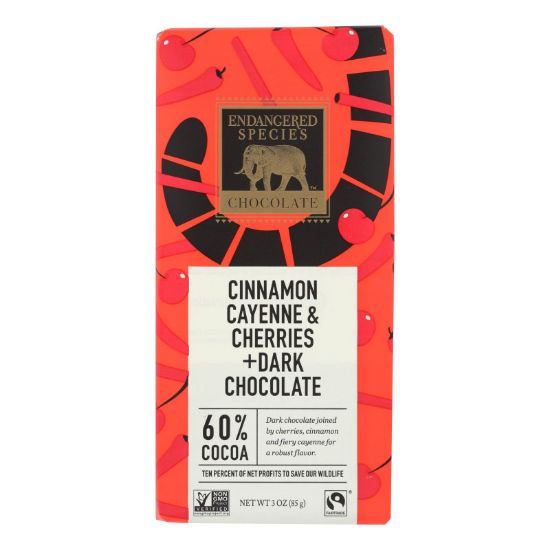 Endangered Species Natural Chocolate Bars - Dark Chocolate - 60 Percent Cocoa - Cinnamon Cayenne and Cherries - 3 oz Bars - Case of 12