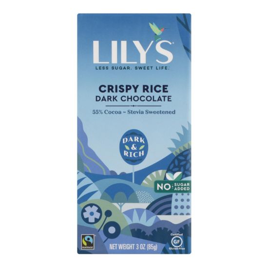 Lily's Sweets Chocolate Bar - Dark Chocolate - 55 Percent Cocoa - Crispy Rice - 3 oz Bars - Case of 12