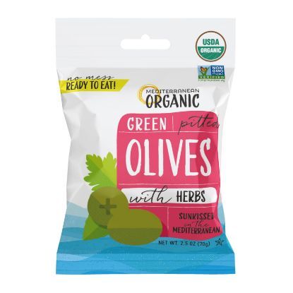 Mediterranean Organic Olives - Organic - Green - Pitted - with Herbs - Snack Pack - 2.5 oz - case of 12