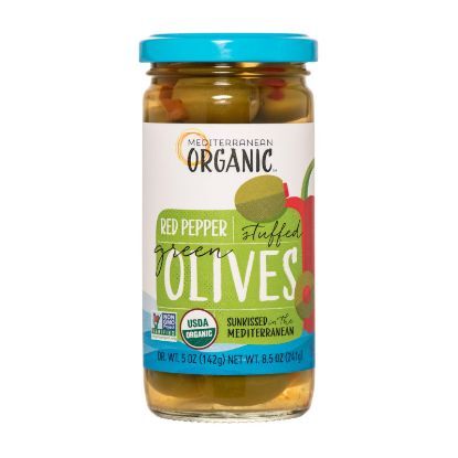 Mediterranean Organic Olives - Organic - Green - Stuffed - Red Peppers - 8.5 oz - case of 12