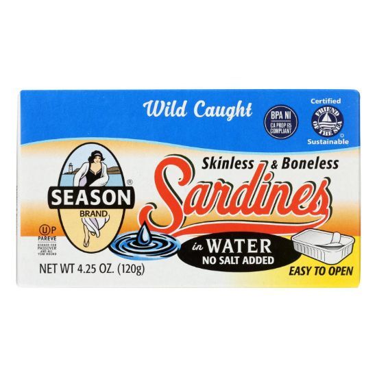 Season Brand Skinless and Boneless Sardines in Water  - No Salt Added - Case of 12 - 4.25 oz.