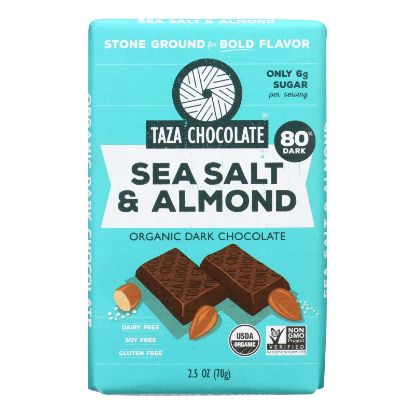 Taza Chocolate Stone Ground Organic Dark Chocolate Bar - Sea Salt and Almond - Case of 10 - 2.5 oz.