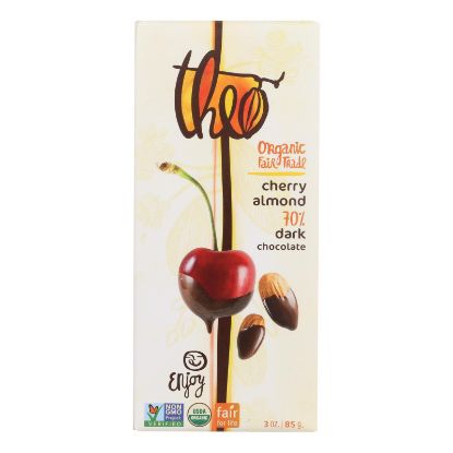 Theo Chocolate Organic Chocolate Bar - Classic - Dark Chocolate - 70 Percent Cacao - Cherry and Almond - 3 oz Bars - Case of 12