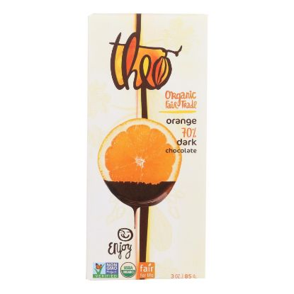 Theo Chocolate Organic Chocolate Bar - Classic - Dark Chocolate - 70 Percent Cacao - Orange - 3 oz Bars - Case of 12