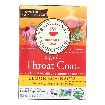 Traditional Medicinals Organic Lemon Echinacea Throat Coat Herbal Tea - 16 Tea Bags - Case of 6