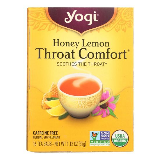 Yogi Throat Comfort Herbal Tea Caffeine Free Honey Lemon - 16 Tea Bags - Case of 6