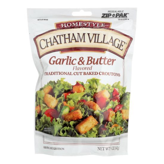 Chatham Village Traditional Cut Croutons - Garlic and Butter - Case of 12 - 5 oz.