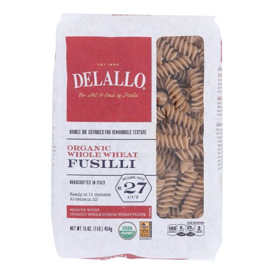 Delallo - Organic Whole Wheat Fusilli Pasta - Case of 16 - 1 lb.