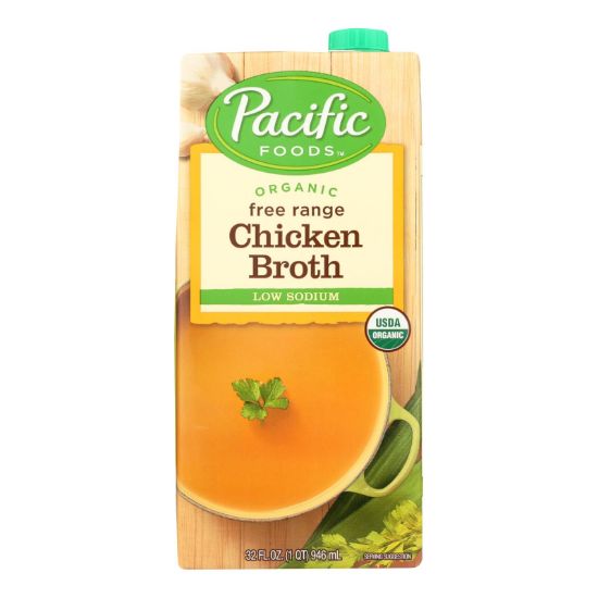 Pacific Natural Foods Free Range Chicken Broth - Low Sodium - Case of 12 - 32 Fl oz.