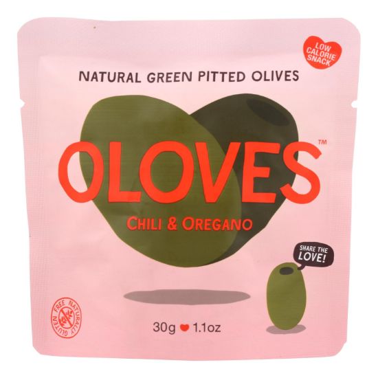 Oloves Green Pitted Olives - Chili and Oregano - Case of 10 - 1.1 oz.