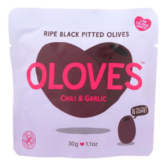 Oloves Green Pitted Olives - Chili and Garlic - Case of 10 - 1.1 oz.