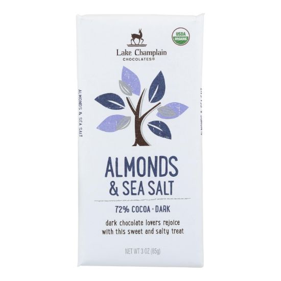 Lake Champlain Chocolates Chocolate Bar - Almonds & Sea Salt. 72% Cocoa, Dark. - Case of 12 - 3 oz.