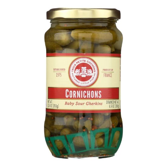 Les Trois Petits Cochons Three Little Pigs, Cornichons Baby Sour Gherkins - Case of 12 - 12.35 OZ