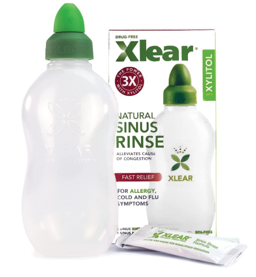 Xlear sinus rinse box with rinse bottle and refill packets
