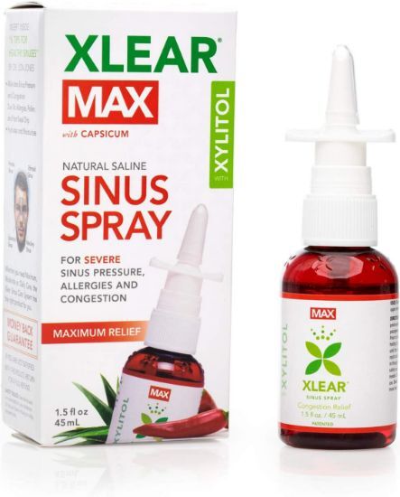 Box and a red 1.5 oz nasal spray bottle of XLEAR MAX - natural nasal spray saline with added benefits of capsicum and aloe vera