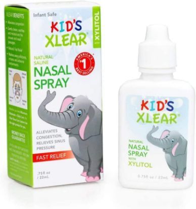 Box of Xlear  Nasal Spray for kid's with Xylitol and a .75oz spray bottle on the side