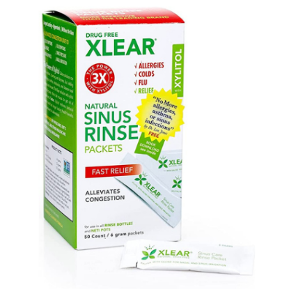 Box of Xlear Natural Sinus Rinse packets with a 6-gram packet on the side