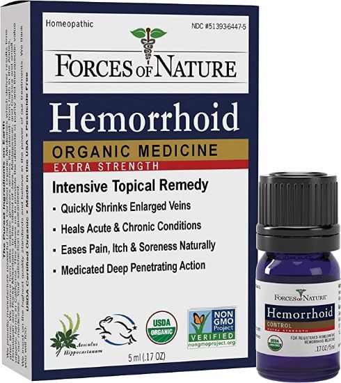 Box of Forces of Nature Hemorrhoid Organic Medicine Extra strength with 11ml bottle on the side